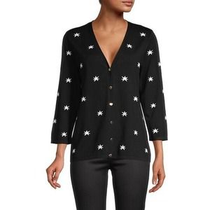 T Tahari Star-Print Snap-Front Cardigan Sweater Black/White Size M